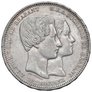 reverse: Belgio. Leopoldo I (1831-1865). Da 5 franchi 1853 AG. Emissione commemorativa del matrimonio dei duchi di Brabante. KM 8.1. Migliore di BB