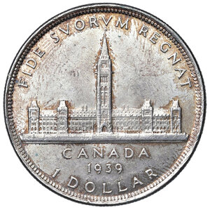 reverse: Canada. Giorgio VI (1936-1952). Dollaro 1939 AG. KM 38. Patina iridescente, q.FDC