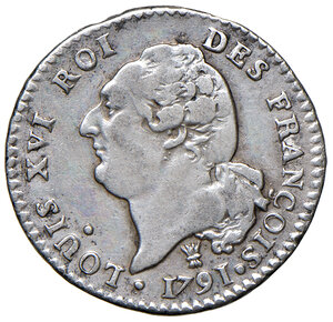 obverse: Francia. Luigi XVI (1774-1792). Re costituzionale, 1791-1792. Da 15 sols 1791-I (Limoges) AG gr. 5,01. Gadoury 36. BB