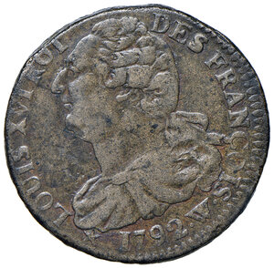 obverse: Francia. Luigi XVI (1774-1792). Re costituzionale, 1791-1792. Da 2 sols 1792-W (Lilla) CU gr. 25,42. Gadoury 25. Raro. BB