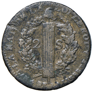 reverse: Francia. Luigi XVI (1774-1792). Re costituzionale, 1791-1792. Da 2 sols 1792-W (Lilla) CU gr. 25,42. Gadoury 25. Raro. BB