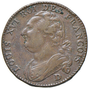 obverse: Francia. Luigi XVI (1774-1792). Re costituzionale, 1791-1792. Da 12 denari 1793-D (Lione) CU gr. 12,01. Gadoury 15. Raro. BB