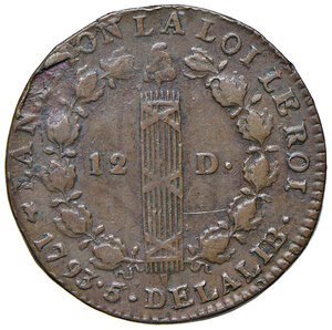 reverse: Francia. Luigi XVI (1774-1792). Re costituzionale, 1791-1792. Da 12 denari 1793-D (Lione) CU gr. 12,01. Gadoury 15. Raro. BB