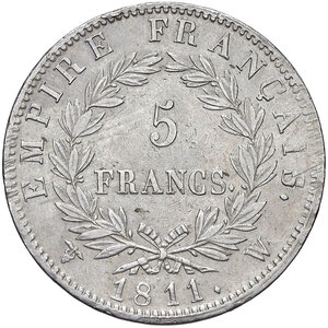 reverse: Francia. Napoleone I imperatore (1804-1814). Da 5 franchi 1811-W (Lilla) AG. Gadoury 584. Segnetti diffusi, altrimenti buon BB