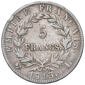 reverse: Francia. Napoleone I imperatore (1804-1814). Da 5 franchi 1813-L (Bayonne) AG. Gadoury 584. q.BB