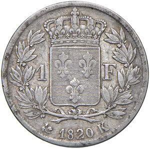 reverse: Francia. Luigi XVIII (1814-1824). Franco 1820-K (Bordeaux) AG. Gadoury 591. Raro. BB/q.BB