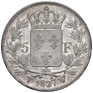 reverse: Francia. Carlo X (1824-1830). Da 5 franchi 1827-W (Lilla) AG. Gadoury 644. q.SPL/SPL