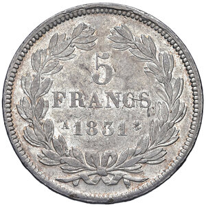 reverse: Francia. Luigi Filippo I (1830-1848). Da 5 franchi 1831-A (Parigi) AG. Gadoury 677a. SPL/q.SPL