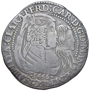 obverse: Mantova. Ferdinando Carlo Gonzaga-Nevers reggenza della madre Isabella Clara (1665-1669). Da 30 soldi 1666 AG gr. 6,61. MIR 725. Rara. BB