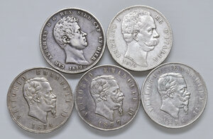 obverse: Savoia. Sec. XIX. Lotto di cinque (5) monete in argento da 5 lire. Da q.BB a buon BB