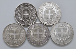 reverse: Savoia. Sec. XIX. Lotto di cinque (5) monete in argento da 5 lire. Da q.BB a buon BB