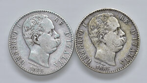 obverse: Savoia. Umberto I (1878-1900). Lotto di due (2) monete da 2 lire 1885 AG. Mediamente q.BB