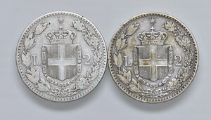 reverse: Savoia. Umberto I (1878-1900). Lotto di due (2) monete da 2 lire 1885 AG. Mediamente q.BB