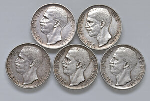 obverse: Savoia. Vittorio Emanuele III (1900-1946). Lotto di cinque (5) monete in argento da 10 lire 1927. Da BB a migliore di BB