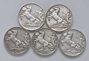 reverse: Savoia. Vittorio Emanuele III (1900-1946). Lotto di cinque (5) monete in argento da 10 lire 1927. Da BB a migliore di BB