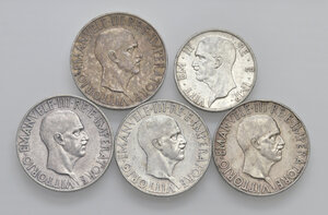 obverse: Savoia. Vittorio Emanuele III (1900-1946). Lotto di cinque (5) monete in argento da 10 lire 1936 (4) e 5 lire 1937 (1). Da buon BB a SPL
