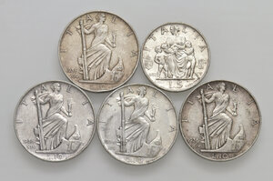 reverse: Savoia. Vittorio Emanuele III (1900-1946). Lotto di cinque (5) monete in argento da 10 lire 1936 (4) e 5 lire 1937 (1). Da buon BB a SPL