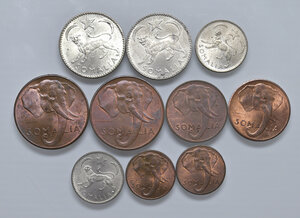 obverse: Repubblica Italiana. Amministrazione fiduciaria della Somalia. Lotto di dieci (10) monete. Da 1 somalo 1950 (2), da 50 (2), 10 (2), 5 (2) e 1 (2) centesimi 1950. FDC