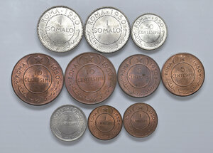reverse: Repubblica Italiana. Amministrazione fiduciaria della Somalia. Lotto di dieci (10) monete. Da 1 somalo 1950 (2), da 50 (2), 10 (2), 5 (2) e 1 (2) centesimi 1950. FDC