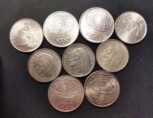 reverse: Italia. Lotto di 9 monete in argento: Lire 1.000 1970 (x4 pz), Lire 500 1961 (x2 pz), Lire 500 1965 Dante (x2 pz). Conservazioni varie.