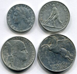 obverse: Repubblica Italiana. Lotto 4 monete. 1 lira 