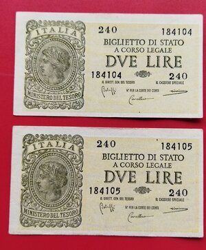 obverse: Lire 2 del 1944 “Italia Laureata”, 2 esemplari con serie consecutiva. Gradevole la conservazione. Vedi foto per dettagli.