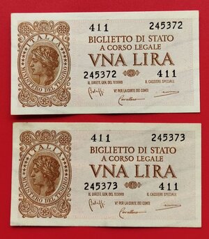 obverse: Lire 1 del 1944 “Italia Laureata”, 2 esemplari con serie consecutiva. Gradevole la conservazione. Vedi foto per dettagli.