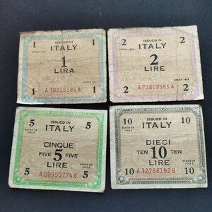 obverse: Occupazione Americana in Italia. Lotto 4 pezzi diversi da 1, 2, 5 e 10 Lire del 1943. Molto circolate.