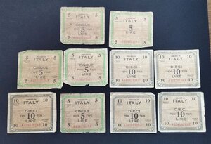 obverse: Occupazione Americana in Italia. Lotto 10 pezzi diversi da 5 Lire (x5) e 10 Lire (x5) del 1943. Molto circolate.