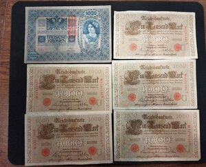 obverse: Lotto 06 banconote grosso modulo: Germania, 1000 marchi 1910 (x5), Austria, 1000 Kronen 1902 (x1), conservazioni gradevoli.