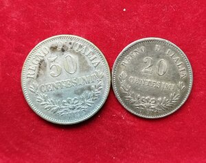 reverse: Vittorio Emanuele 2°. Lotto 02 monete VALORE:1.) 50 centesimi  del 1867 Milano. Ag. BB++. 2.) 20 centesimi del 1863 Torino. Ag. qSPL. NC.