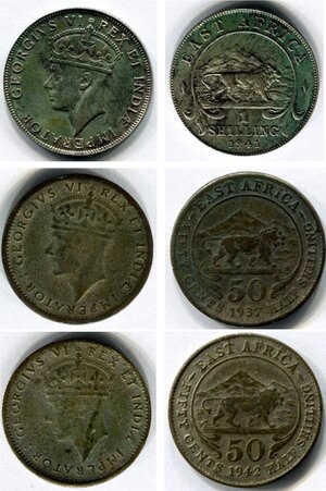 obverse: AFRICA ORIENTALE BRITANNICA, Giorgio VI. Lotto 03 monete in argento: - 1 scellino del 1941. BB+. NC. - 50 cents del 1937. qBB. NC. - 50 cents del 1942. qBB. NC.   