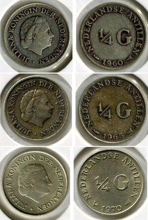 obverse: ANTILLE OLANDESI. Regina Giuliana. Lotto 03 monete in argento: ¼ di Fiorino del 1960, 1965 e 1970. Conservazioni come da foto.   