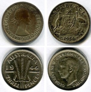 obverse: AUSTRALIA. Lotto 02 monete in argento: - Regina Elisabetta 2°. 6 pence del 1956. - Re Giorgio 6°. 3 pence del 1944. Conservazioni come da foto.  