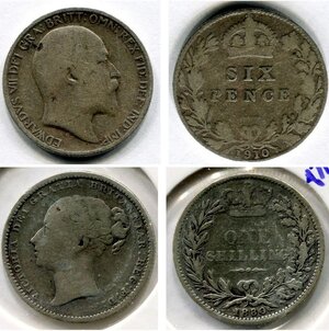 obverse: INGHILTERRA. Lotto 02 monete in argento: - Edoardo 7°. 6 pence del 1910. MB. - Regina Vittoria. 1 scellino del 1880. MB. NC.