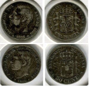obverse: SPAGNA, Alfonso 12°. Lotto 02 monete in argento: - 1 peseta del 1883. qBB. NC. - 50 centimos del 1880. qBB. NC. 