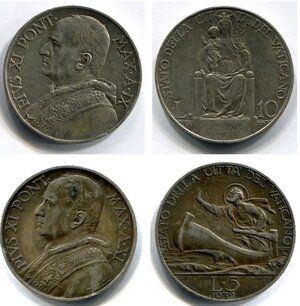 obverse: VATICANO. Lotto 02 monete in argento: Pio XI. 5 lire del 1932. BB. -  Pio XII. 10 lire del 1940. SPL.