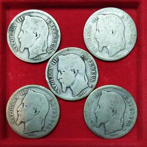 obverse: FRANCIA. Lotto 5 monete in argento da 1 Francs Napoleone III. Molto circolate.