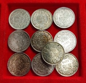 obverse: SVIZZERA. Lotto 10 monete in argento da ½ franco. Anni e conservazioni varie.