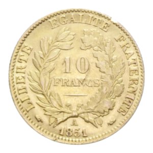 reverse: FRANCE  REPUBLIC 10 FRANCS 1851 A AU. 3,22 GR. BB-SPL (COLPETTO)