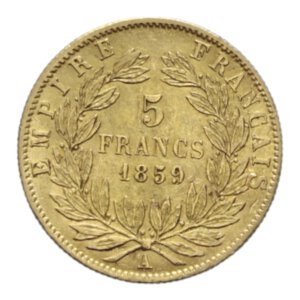 reverse: FRANCE  NAPOLEONE III 5 FRANCS 1859 A AU. 1,61 GR. BB-SPL