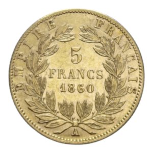 reverse: FRANCE  NAPOLEONE III 5 FRANCS 1860 A AU. 1,60 GR. qSPL/SPL