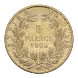 reverse: FRANCE  NAPOLEONE III 5 FRANCS 1865 BB AU. 1,62 GR. BB+/BB-SPL