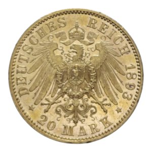 reverse: GERMANY PREUSSEN WILHELM II 20 MARK 1893 A AU. 7,94 GR. SPL-FDC/qFDC (COLPETTI)