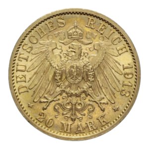 reverse: GERMANY PREUSSEN WILHELM II 20 MARK 1913 A AU. 7,98 GR. qFDC/FDC 
