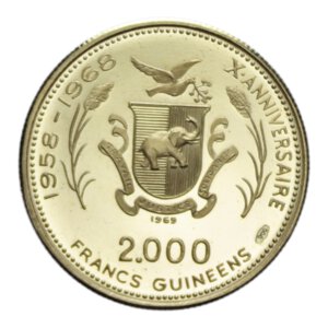 reverse: GUINEA REPUBLIC 2000 FRANCS GUINEENS 1969 AU. 8,03 GR. PROOF 