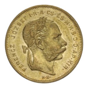 obverse: HUNGARY FRANCESCO GIUSEPPE I 20 FRANCS 8 FORINT 1873 AU. 6,43 GR. BB-SPL