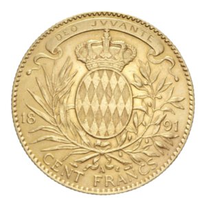 reverse: MONACO ALBERT I 100 FRANCS 1891 AU. 32,25 GR. qSPL (SEGNETTI)