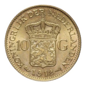 reverse: NETHERLANDS WILHELMINA 10 GULDEN 1912 AU. 6,73 GR. FDC (SEGNETTI AL D/)