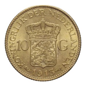 reverse: NETHERLANDS WILHELMINA 10 GULDEN 1913 AU. 6,74 GR. FDC 
